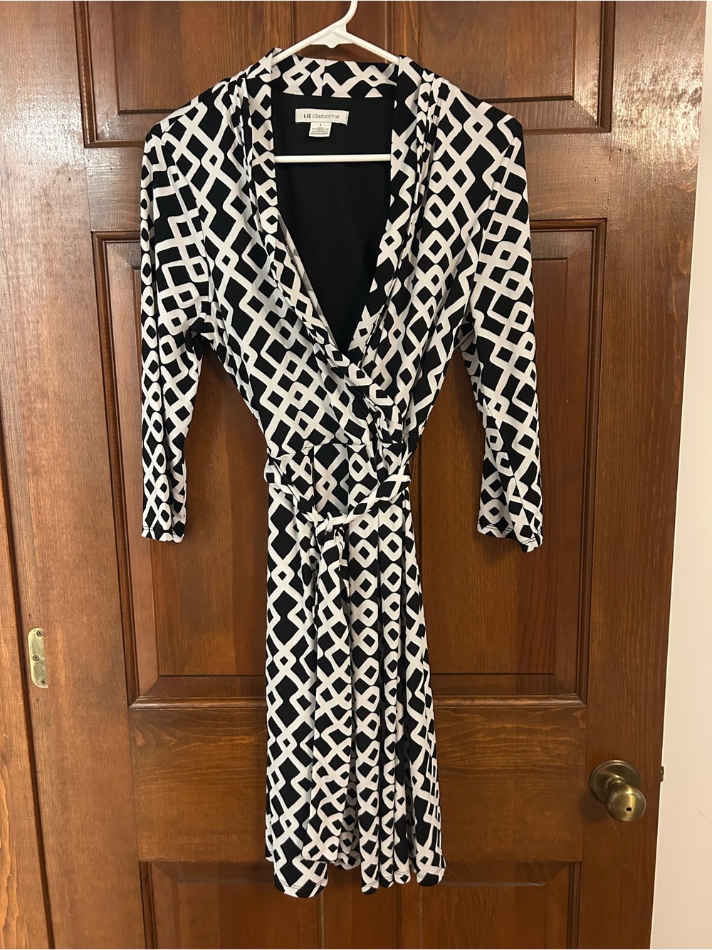 Liz Claiborne Black and White Geometric Wrap Dress with Tie Waist